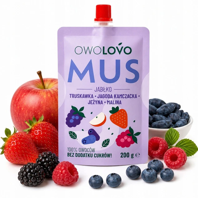 Mus owocowy Owolovo jabłko truskawka jagoda jeżyna malina 200g
