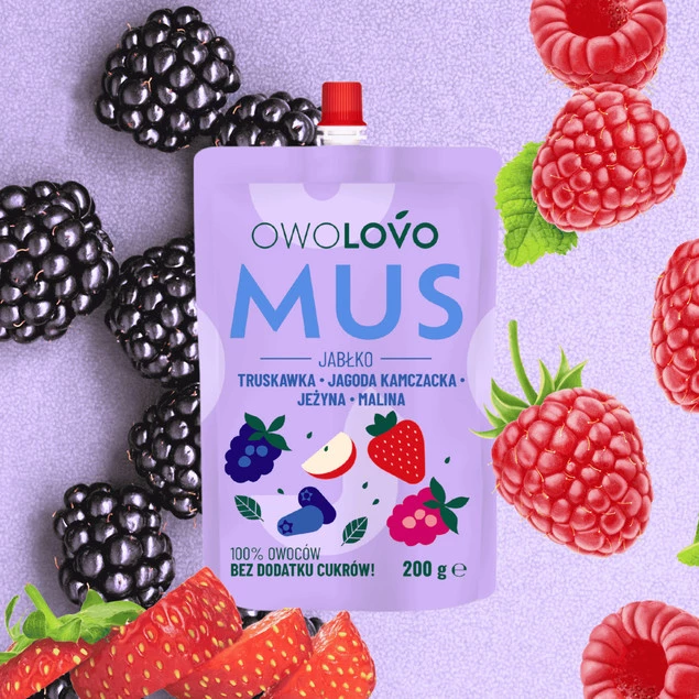 Owolovo mus jabłko truskawka jagoda kamczacka jeżyna malina 200g