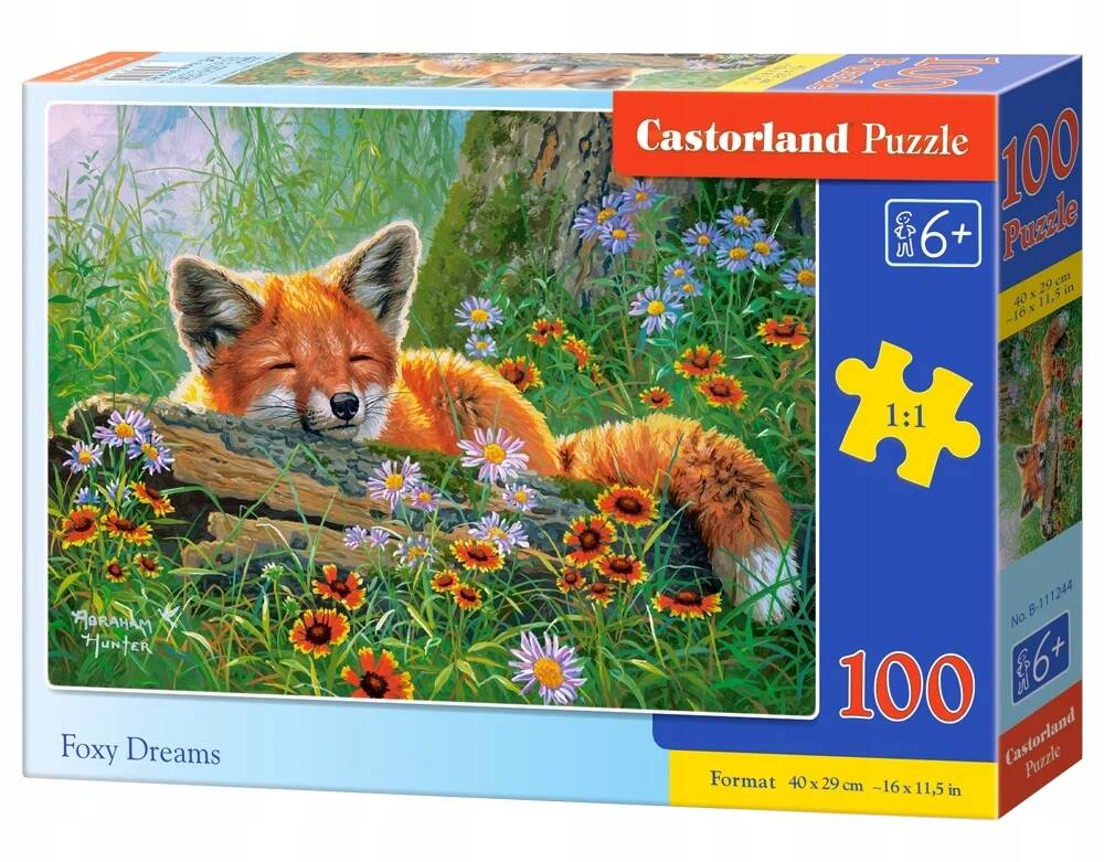 Puzzle 100 Układanka Natura ŚPIĄCY LIS Lisek Fox Las Kwiaty Pole 6+ Castor_2