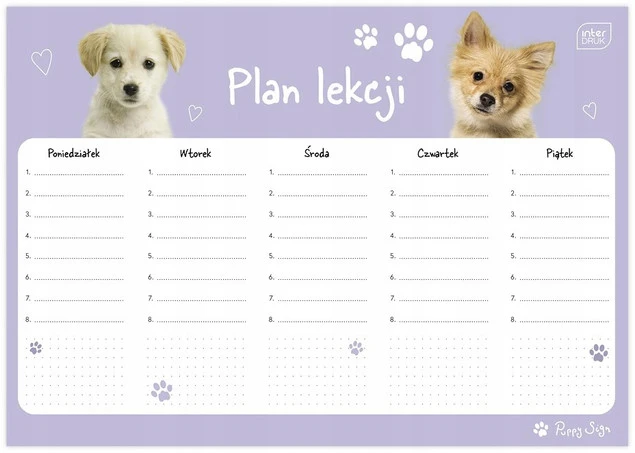 Szkolny tygodniowy plan lekcji zajęć duży A4 Puppy Sign dla dzieci Interdruk
