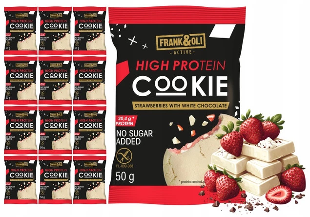 Frank & Oli Ciastko Proteinowe Truskawka Biała Czekolada zestaw 12 sztuk display