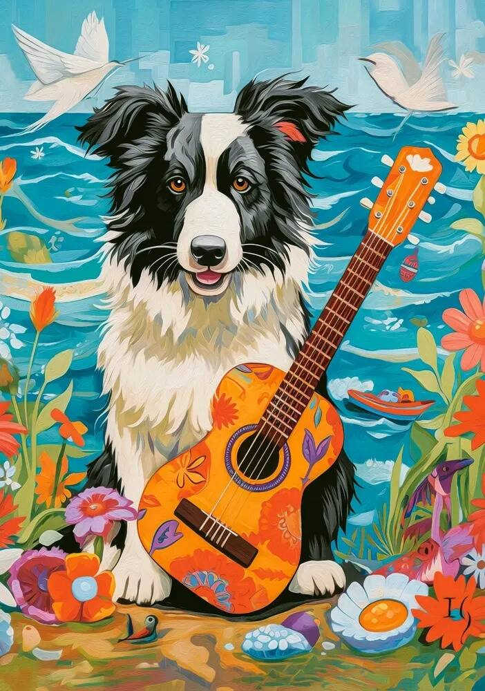 Puzzle 500 Układanka PIES Zwierzęta Border Collie Gitara Muzyka 9+ Castor_1