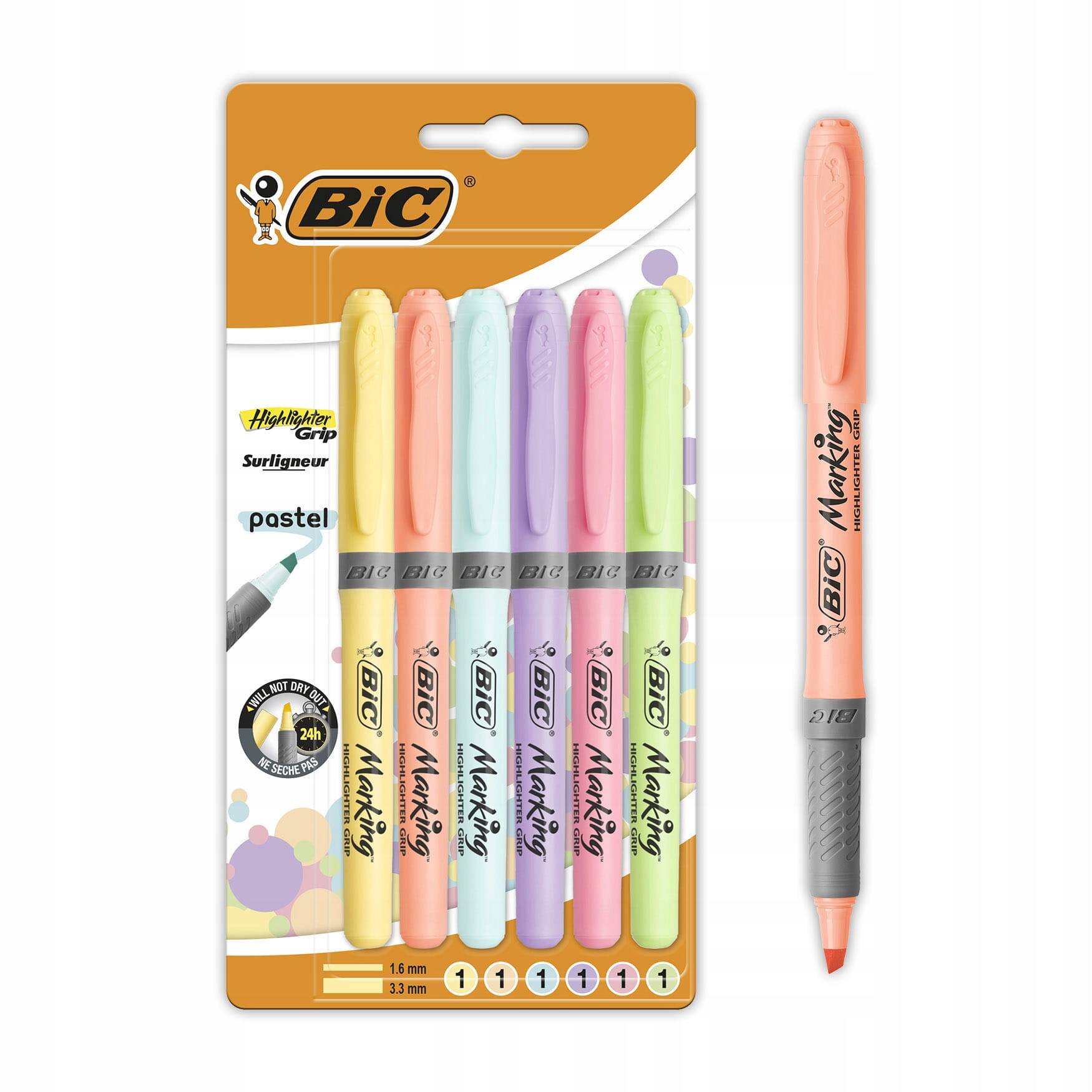 Zakreślacz Szkolny Highlighter PASTEL Grip Biurowy 6 Kolorów BIC_1