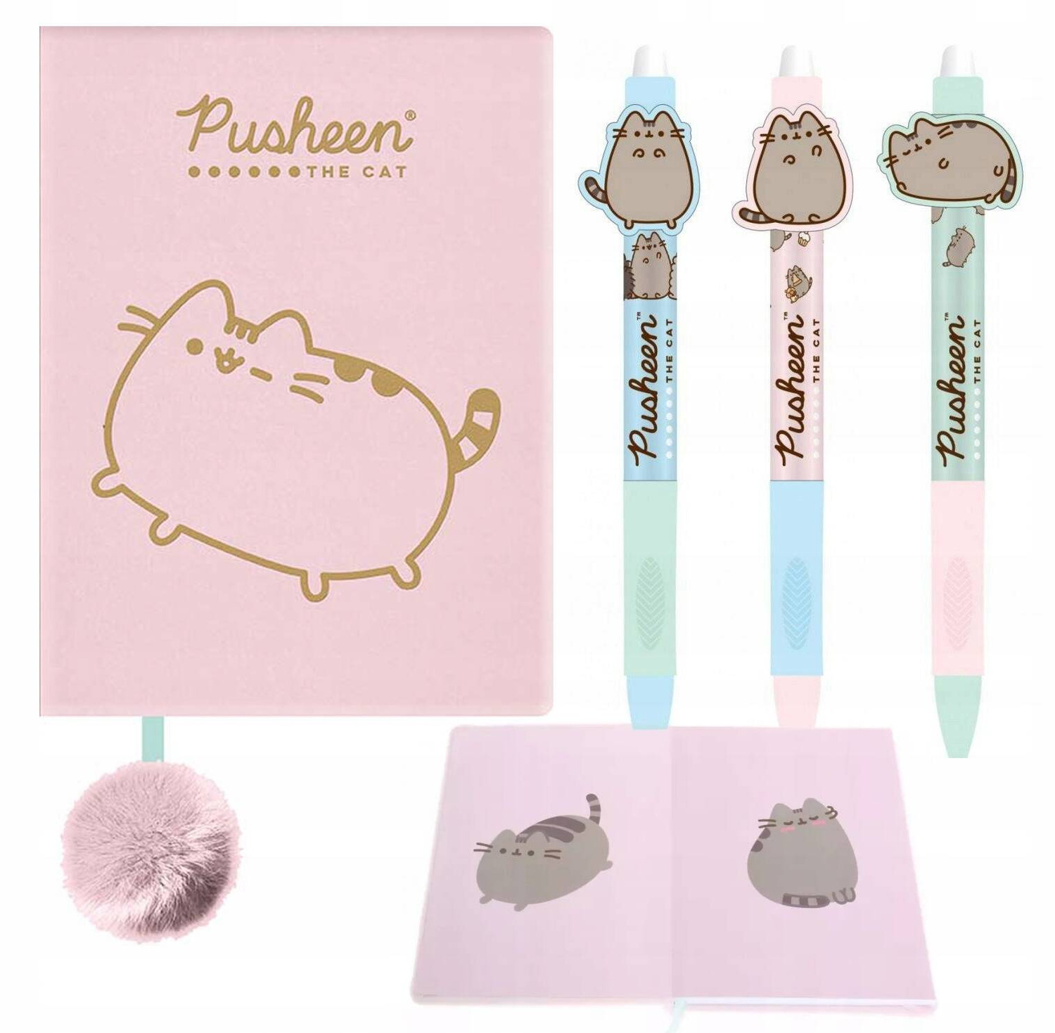 Pamiętnik Pluszowy Notes PUSHEEN + 3x Długopis Wymazywalny Kotek Majewski_1