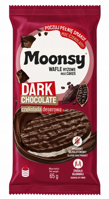 Moonsy wafle ryżowe oblewane czekoladą deserową opakowanie