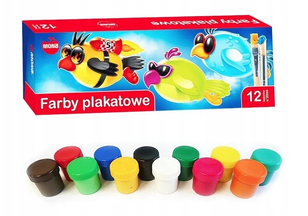 Farby Szkolne Plakatowe Do Prac Plastycznych 12 Kolorów 20 ml Mona_1