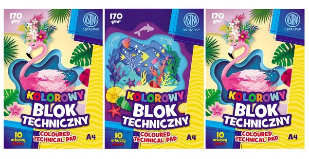 3x blok techniczny kolorowy Astra A4 170g 10 kartek intensywne kolory