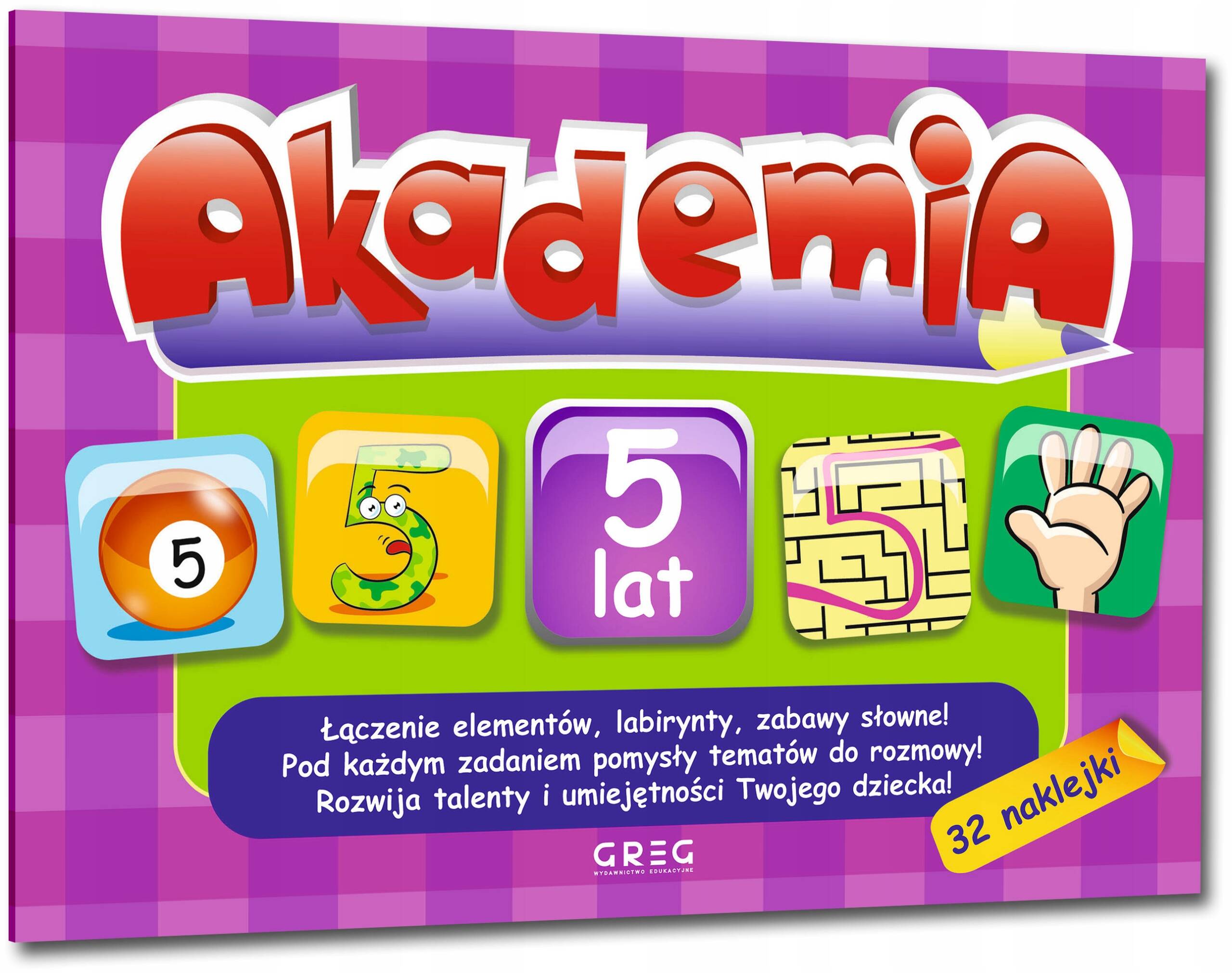 Akademia 5-Latka Łączenie Elementów, Labirynty, Zabawy Słowne Naklejki Greg_1