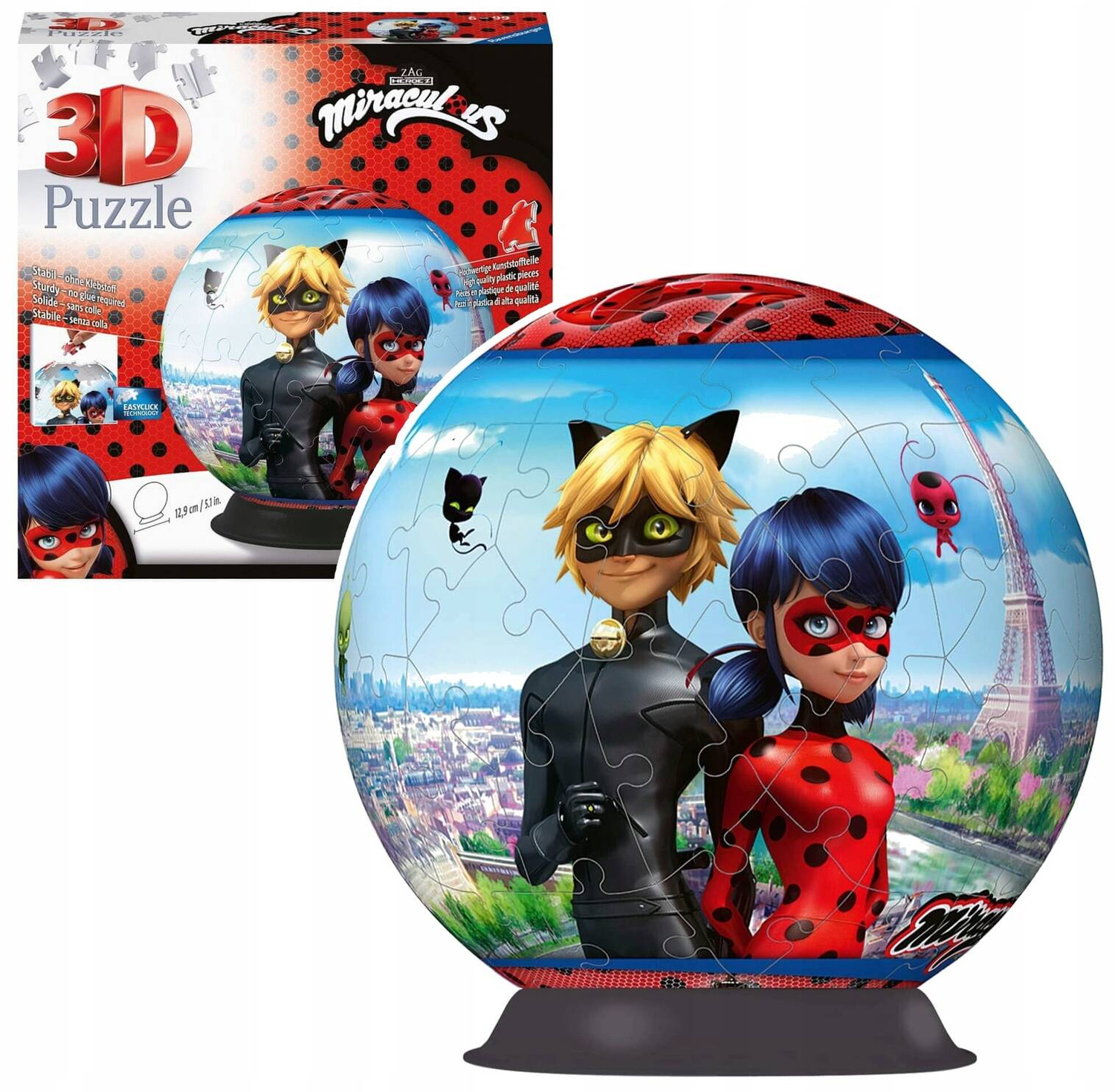 Puzzle 72 3D Układanka Kula Miraculous BIEDRONKA i KOT 10+ Ravensburger_1