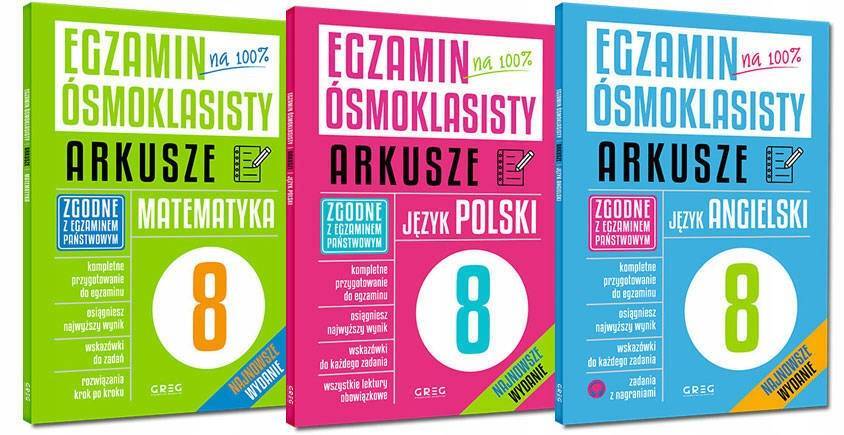 3x EGZAMIN ÓSMOKLASISTY ARKUSZE MATEMATYKA POLSKI ANGIELSKI_1