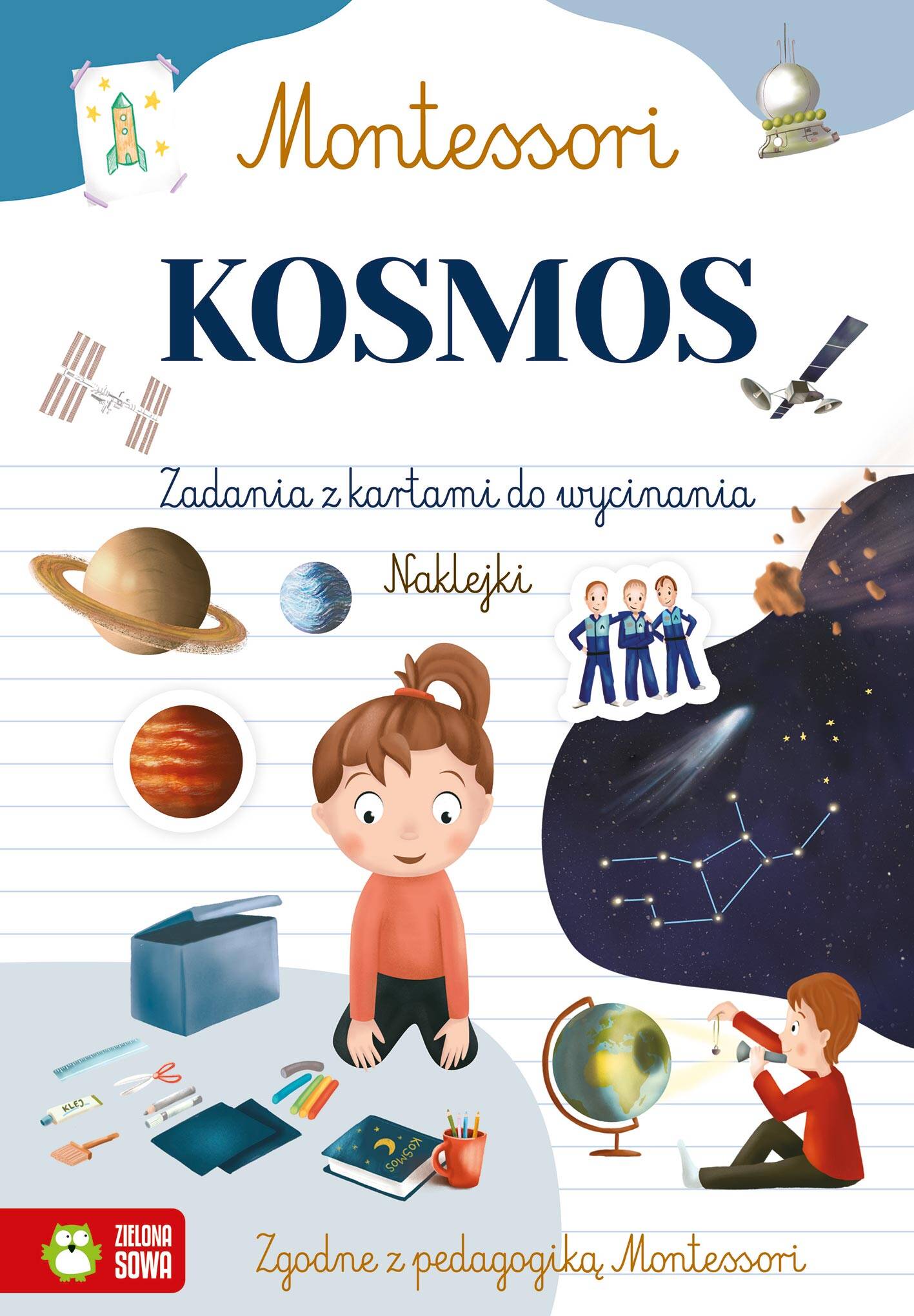 Montessori. Kosmos Zadania Z Kartami Do Wycinania + Naklejki Zielona Sowa_1