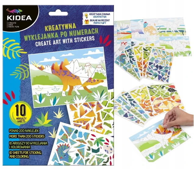 Kreatywna wyklejanka po numerach 10 arkuszy Kidea Dinozaury
