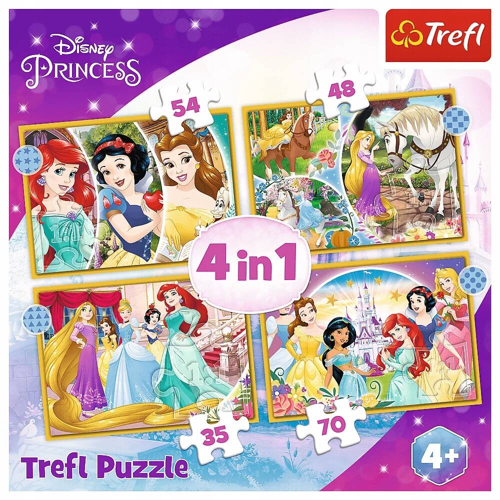 Puzzle 4w1 Układanka Disney KSIĘŻNICZKI Bella Arielk Śnieżka 4+ Trefl 34385_1