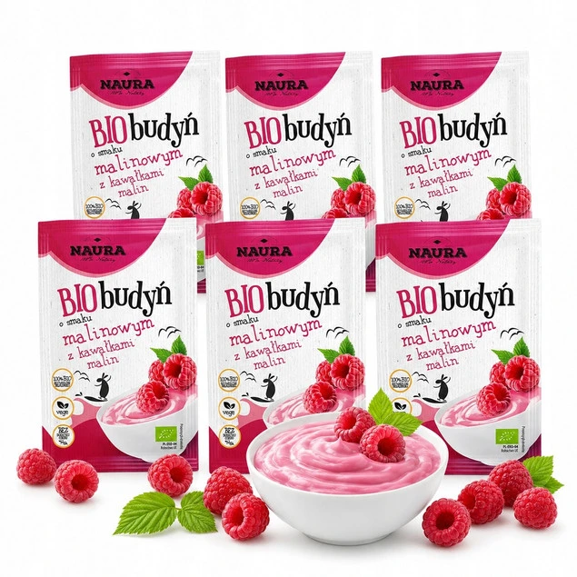 Zestaw budyń Naura malina z kawałkami malin bez dodatku cukru 6x 38g