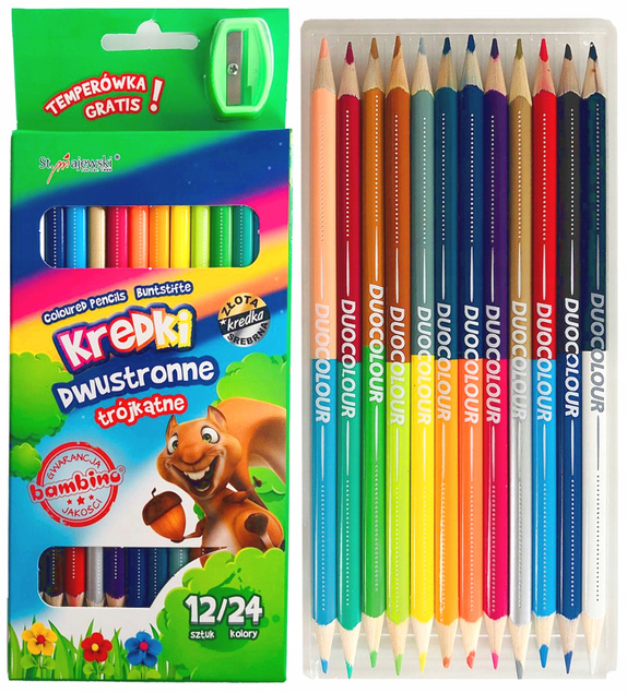 Kredki Szkolne Trójkątne Dwustronne 24 Kolory 12 Sztuk Temperówka Bambino_4
