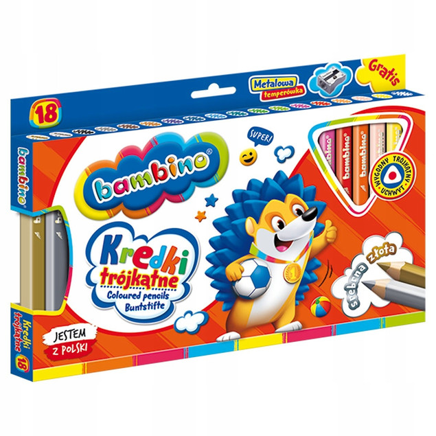 Kredki Trójkątne Szkolne Grube 18 Kolorów Temperówka Bambino_2