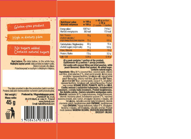 FRANK&OLI Ciastko Bezglutenowe Owsiane White Peach Cookie 45g | Bez Cukru
