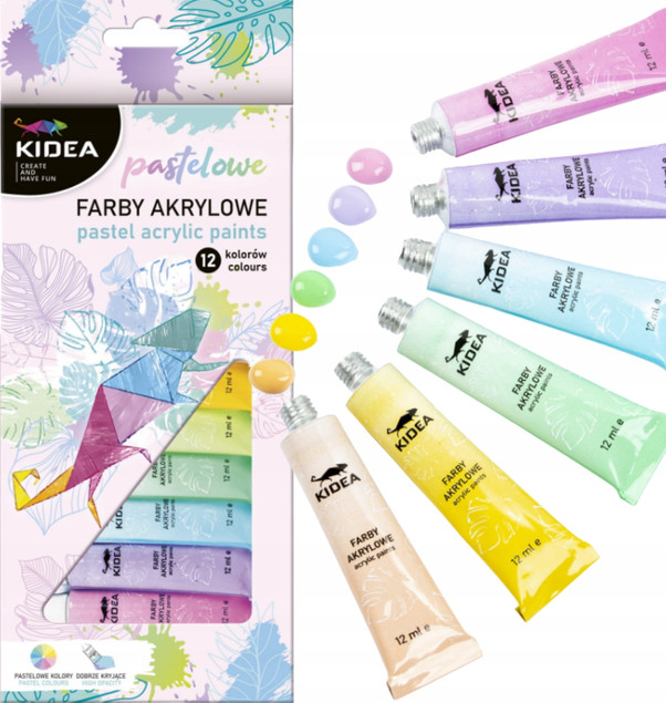 Farby Akrylowe PASTELOWE 12 Sztuk x 12ml Kidea