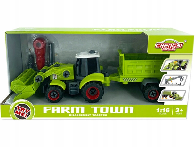 Traktor ASKATO Farm Town 1:16 z Łyżką, Przyczepą i Narzędziami do Skręcania