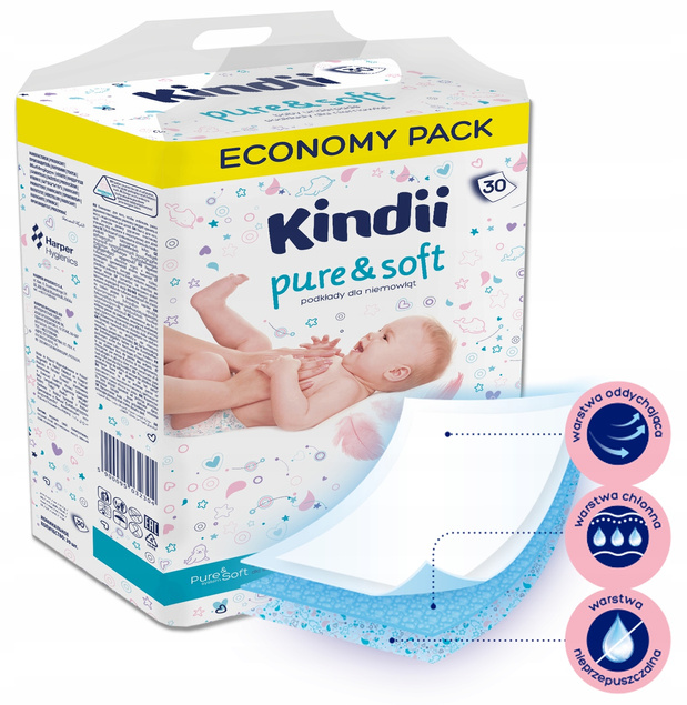 KINDII Podkłady Dla Niemowląt PURE&SOFT 40x60 30szt.