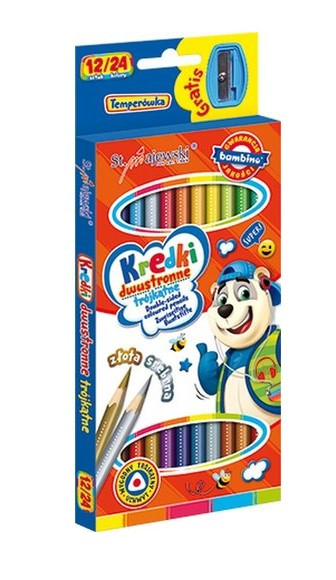 Kredki Szkolne Trójkątne Dwustronne 24 Kolory 12 Sztuk Temperówka Bambino
