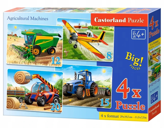 Puzzle 4w1 Układanka Wieś POJAZDY ROLNE Traktor Samolot Pole 4+ Castorland