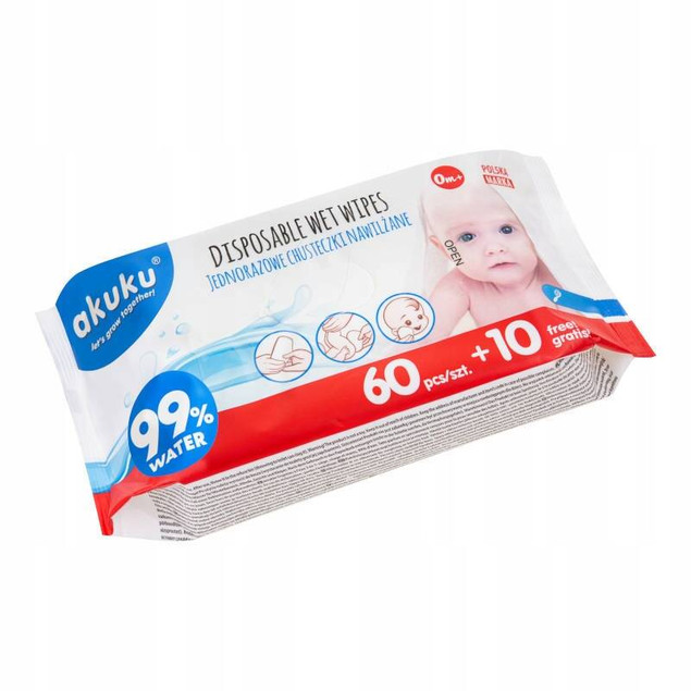 Chusteczki nawilżane 99% wody 70szt Akuku