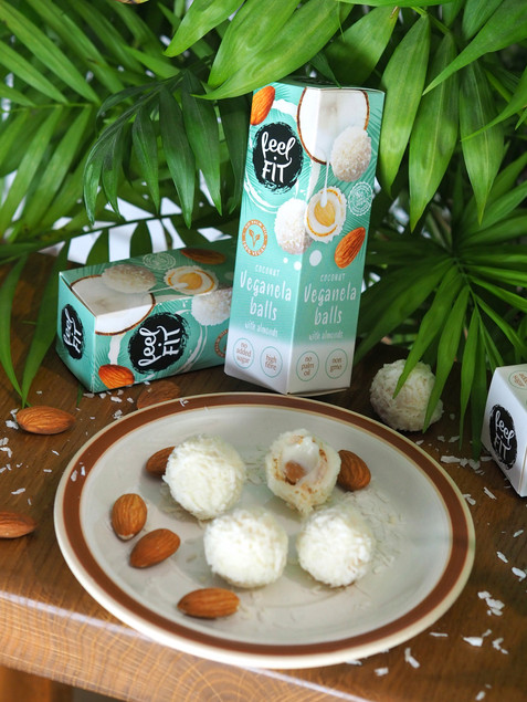 Feel Fit Veganela balls, wegańskie praliny kokosowe z migdałem, bez cukru