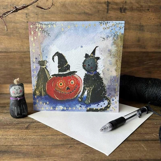 Karnet okolicznościowy Halloween Kot i Dynia z kop