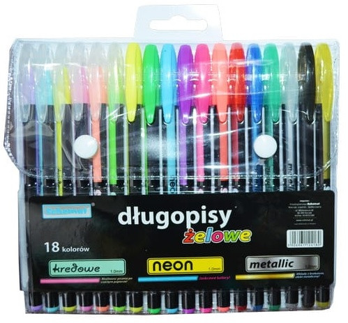 DŁUGOPISY ŻELOWE ZESTAW 18 KOLORÓW MIX KREDOWE NEONOWE METALICZNE DO SZKOŁY