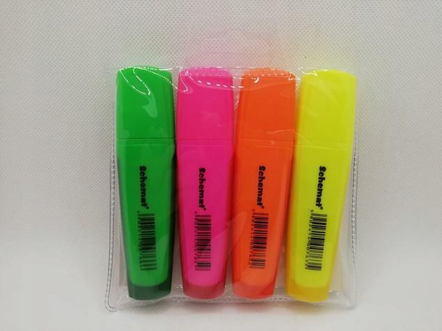 SZKOLNY ZESTAW ZAKREŚLACZE Fluorescencyjne 4 Sztuki SCHEMAT PISAKI Neonowe