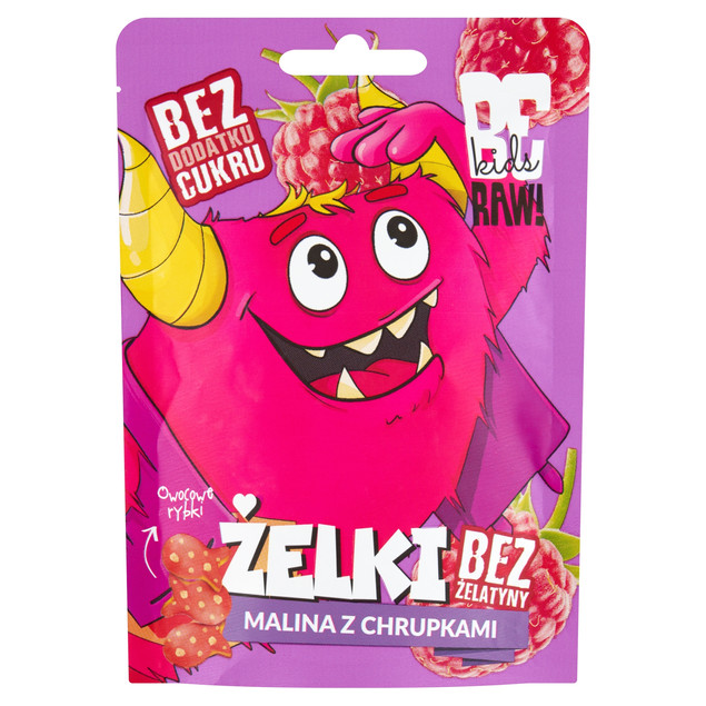 BE RAW KIDS żelki bez cukru żelatyny MALINA z CHRUPKAMI owocowe rybki 35g