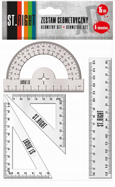 Przybory Geometryczne 4 Elementy LINIJKA 15cm EKIERKA x2 KĄTOMIERZ St.Right