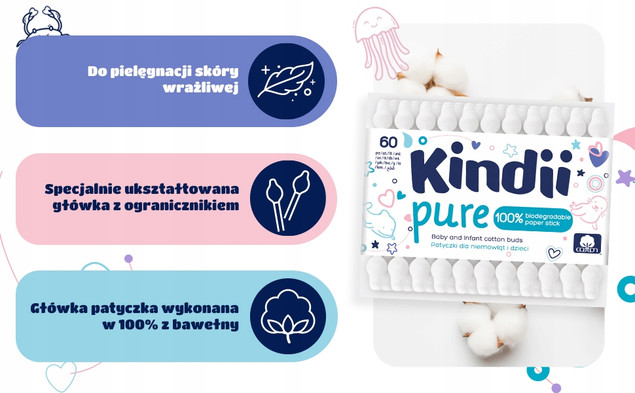 Kindii Pure patyczki higieniczne dla niemowląt dzieci bawełniane 60 szt