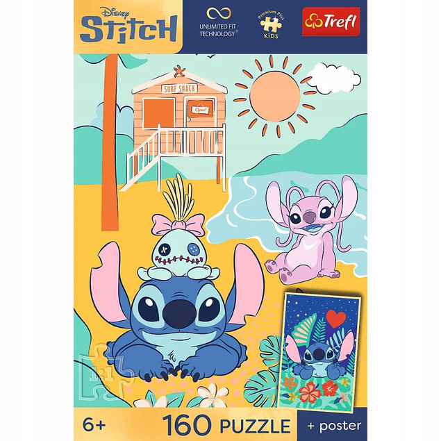Trefl Puzzle 160 el. Stitch na fali + Unikalny Plakat Lilo & Stitch