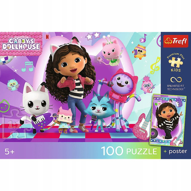 Trefl Puzzle 100 el. Kolorowy Koci Świat Koci Domek Gabby + Plakat