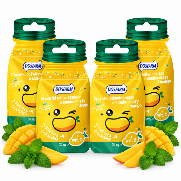 Dosfarm Drażetki miętowo-mango 4-pack — odświeżające drażetki z wit. C (4 x 15 g)