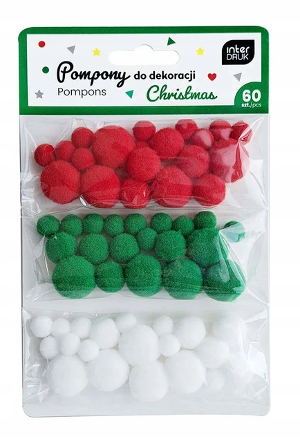INTERDRUK POMPONY DO DEKORACJI do prac plastycznych 60 szt CHRISTMAS