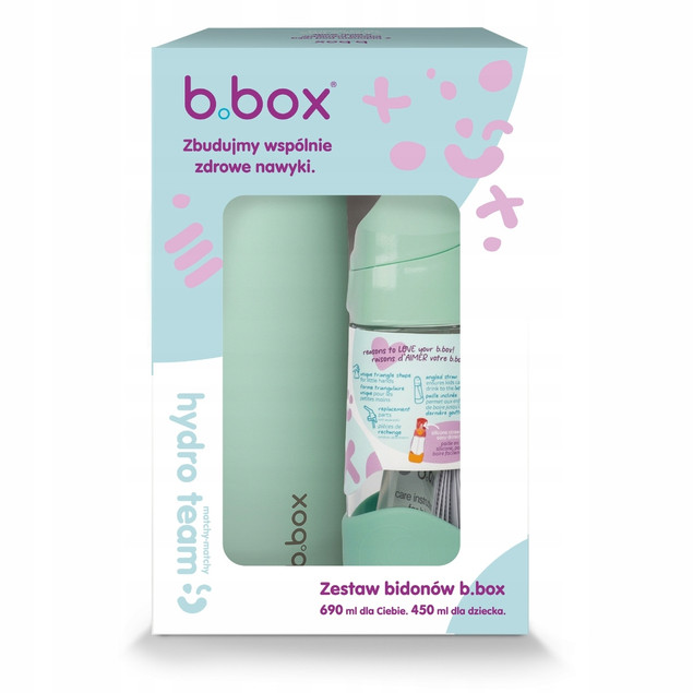 B.box Zestaw: Butelka ze Słomką 450ml + Termiczna 690ml Mint
