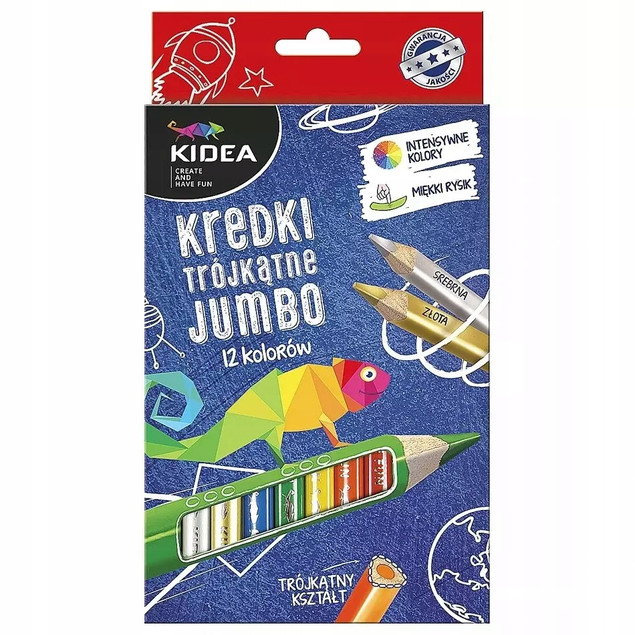 Kredki Trójkątne Grube Szkolne 12 Kolorów Jumbo Kidea KTG12KA
