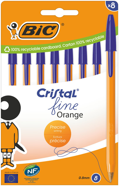 Zestaw 8x Długopis BIC Cristal Orange Fine 0.8mm Niebieski – Precyzyjna Linia