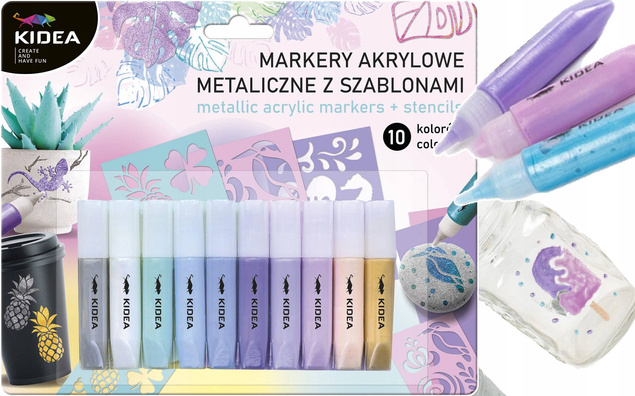 Markery Akrylowe Metaliczne Pastelowe Z Szablonami 10 Kolorów Kidea