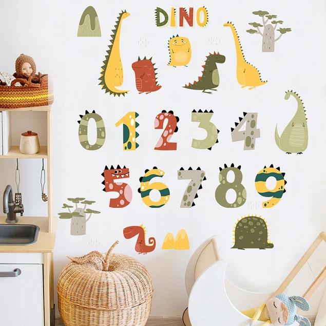 Naklejki z dinozaurami na ścianie z cyframi