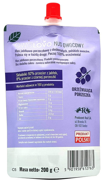 OwoLovo Porzeczkowo Mus Jabłkowo-Porzeczkowy Dla Dzieci 200g