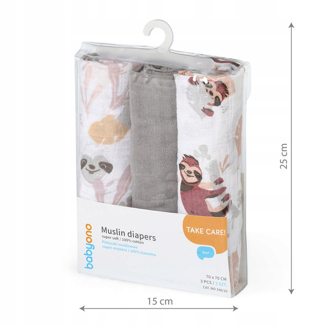 BABYONO Pieluszki Pieluchy Muślinowe 3szt Super Miękkie SZARE 348/10