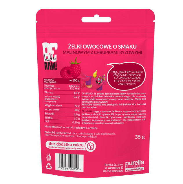 BE RAW KIDS żelki bez cukru żelatyny MALINA z CHRUPKAMI owocowe rybki 35g
