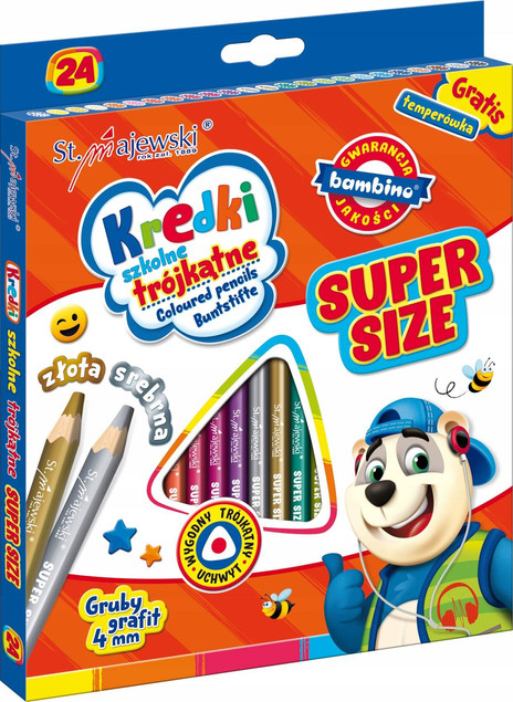 Kredki Trójkątne Szkolne 24 kol. Gruby Grafit +Temperówka Bambino