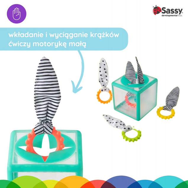 Sassy Kostka Sensoryczna Manipulacyjna Montessori Zielona z Krążkami 12m+