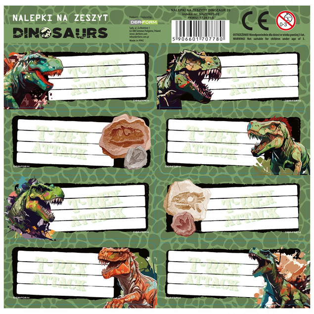 Naklejki Na Zeszyt DINOZAUR Dinozaury 8 Naklejek Derform