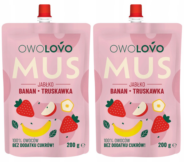 2x OwoLovo Mus JABŁKO BANAN TRUSKAWKA Dla Dzieci Bez Cukrów 200g